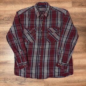Sands Point Casual Button Down Mens XL Burgundy Plaid Rugged Flannel Shacket